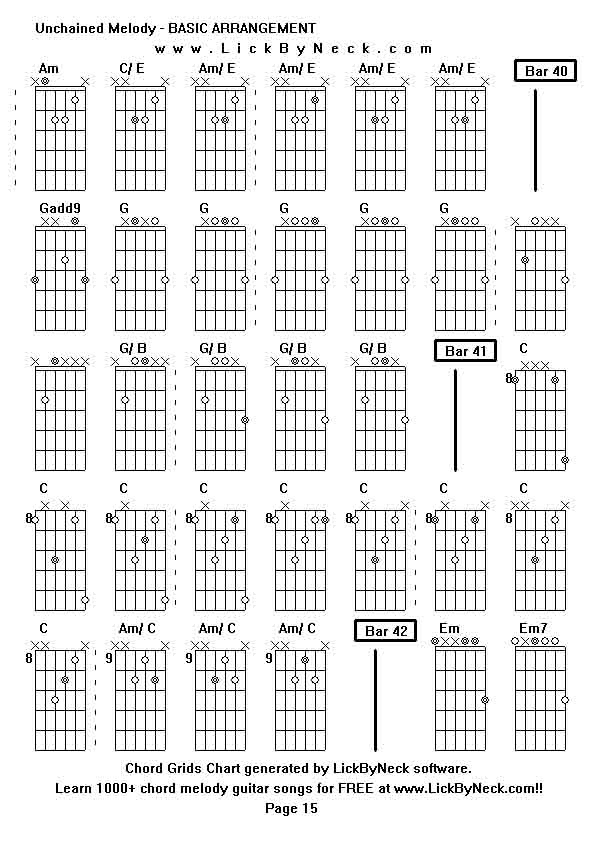 Chord Grids Chart of chord melody fingerstyle guitar song-Unchained Melody - BASIC ARRANGEMENT,generated by LickByNeck software.